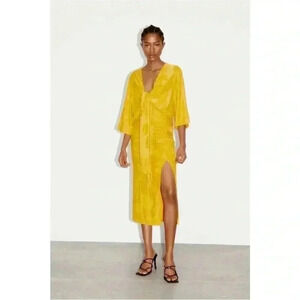 ZARA Floral Jacquard Knotted Bodysuit Yellow Medium